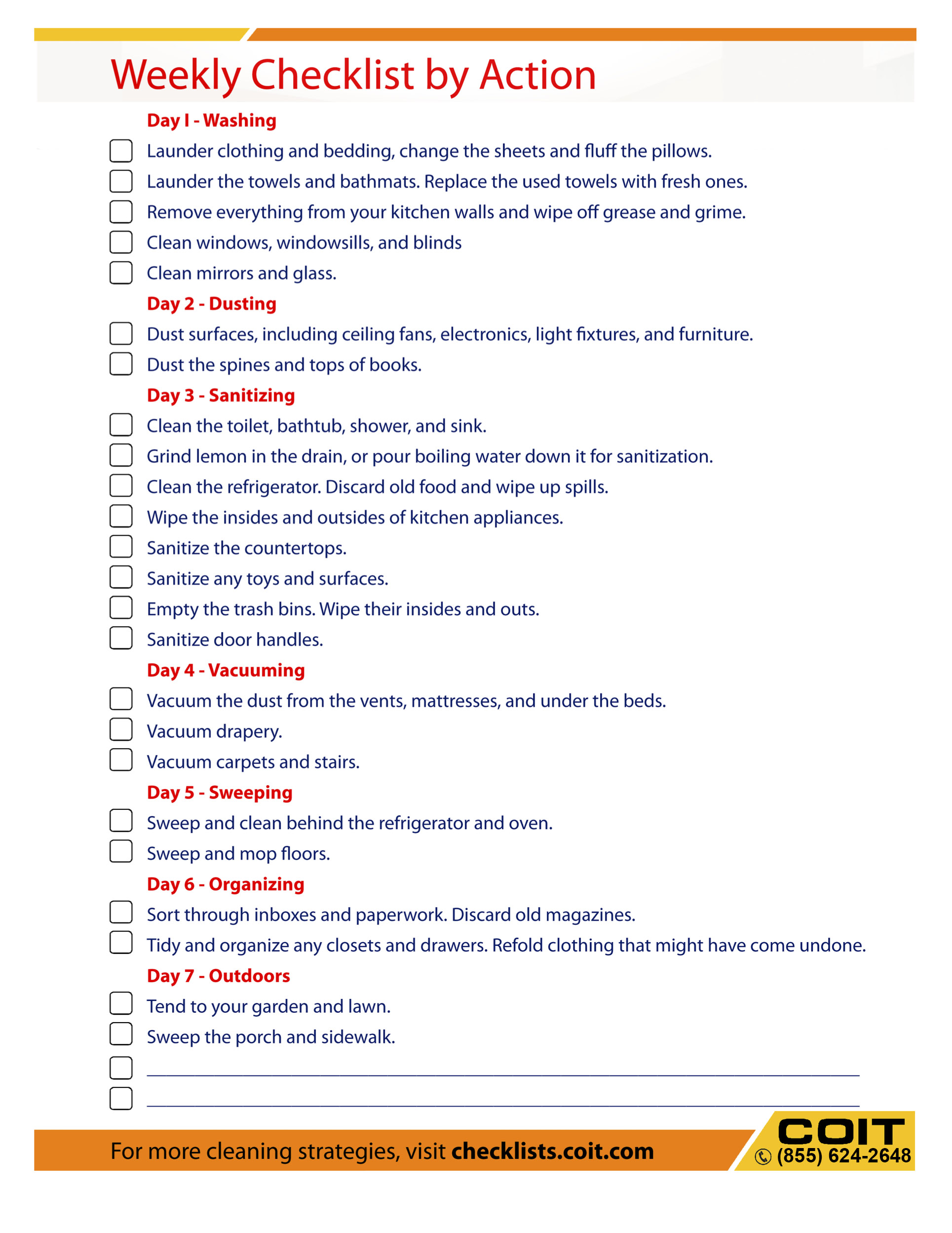 weekly cleaning checklist by action coit house cleaning check list
