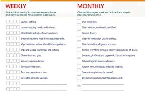 Weekly and Monthly Cleaning Checklists