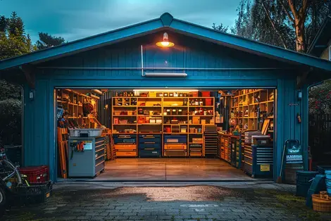 Garage at night time with garage door open