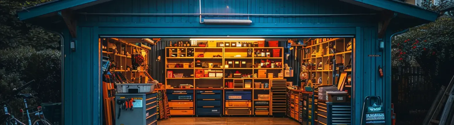 Garage at night time with garage door open