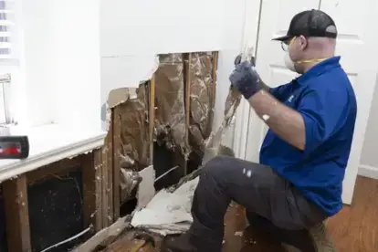Restoration technician tearing out sheetrock