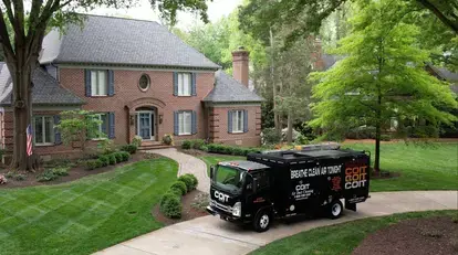 COIT Charlotte cleaning truck arriving at a house for area rug, air duct, blind, carpet, concrete, drapery, dryer vent, furniture, hvac, pet stain, upholstery, tile and grout, and stone cleaning and wood floor cleaning in Lake Wylie, SC