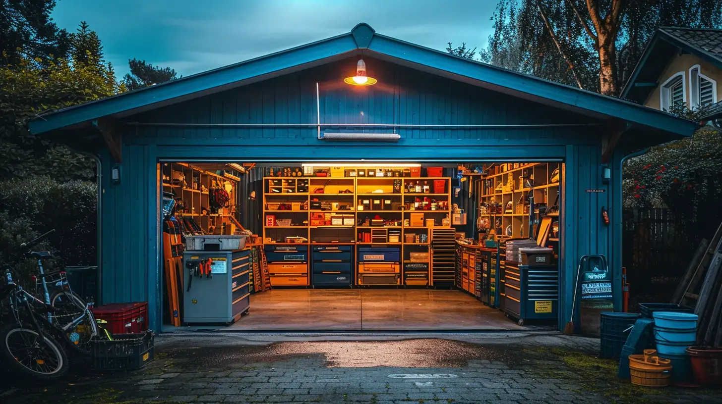 Garage at night time with garage door open