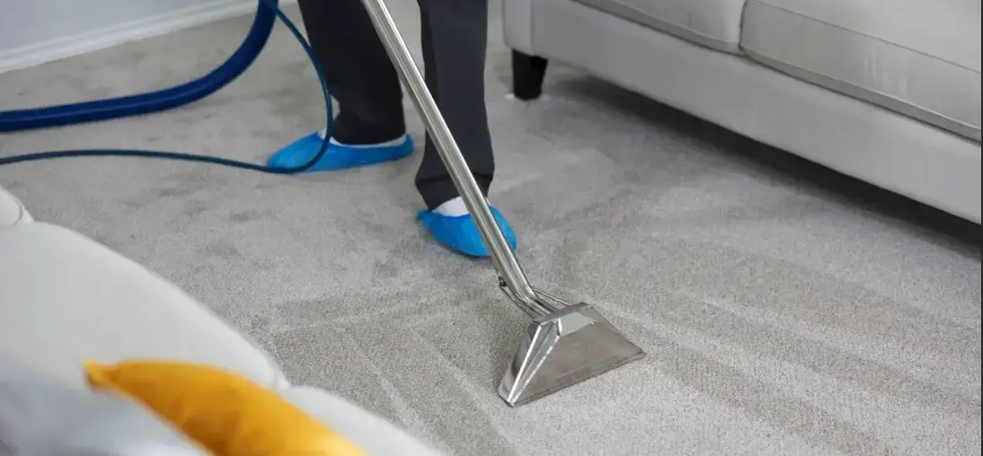 Freshly cleaned carpet in a bright living room after hot water extraction