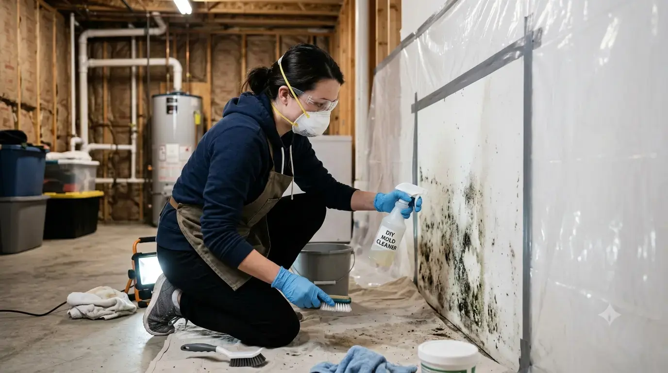 Woman cleaing a mold spot on a wall